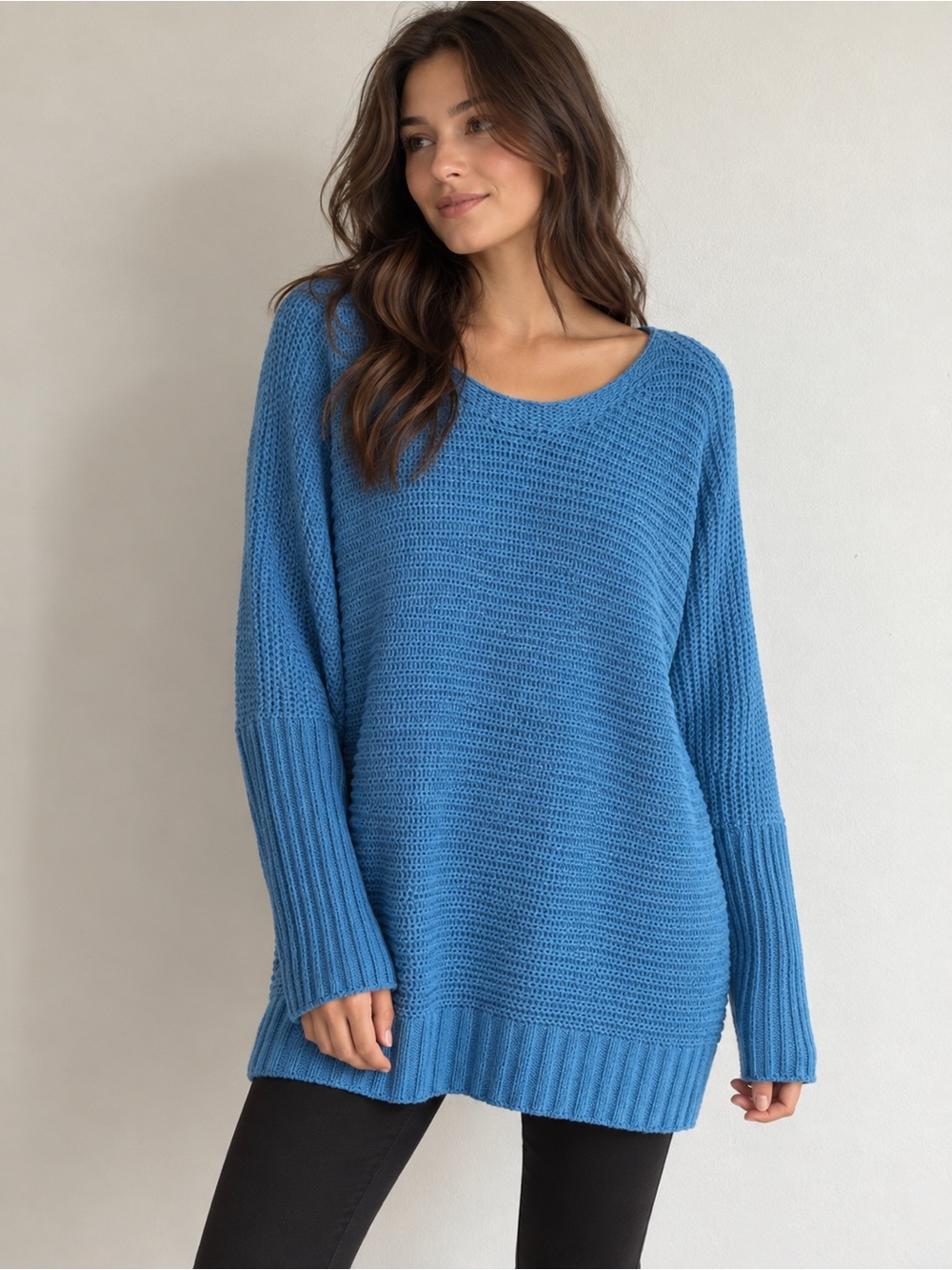 Pink Rose Sky Blue Scoop Neck Knit Sweater